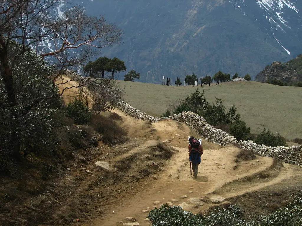A porter carrying a load on a trail in the Nepal Himalaya, with snow-capped peaks behind